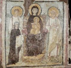Fresco in the Commodilla Catacomb Rome depicting Mary with Child, martyrs Felix and Adauctus, and the donor Turtura