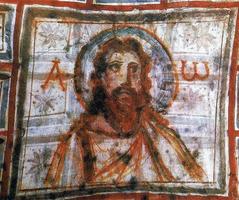 Mural painting of Jesus Christ with Alpha and Omega symbols from the Catacombs of Commodilla, Rome, late 4th century