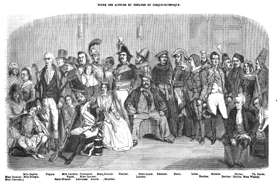 Actors of the Cirque-Olympique theater in a vintage engraving by Eustache Lorsay