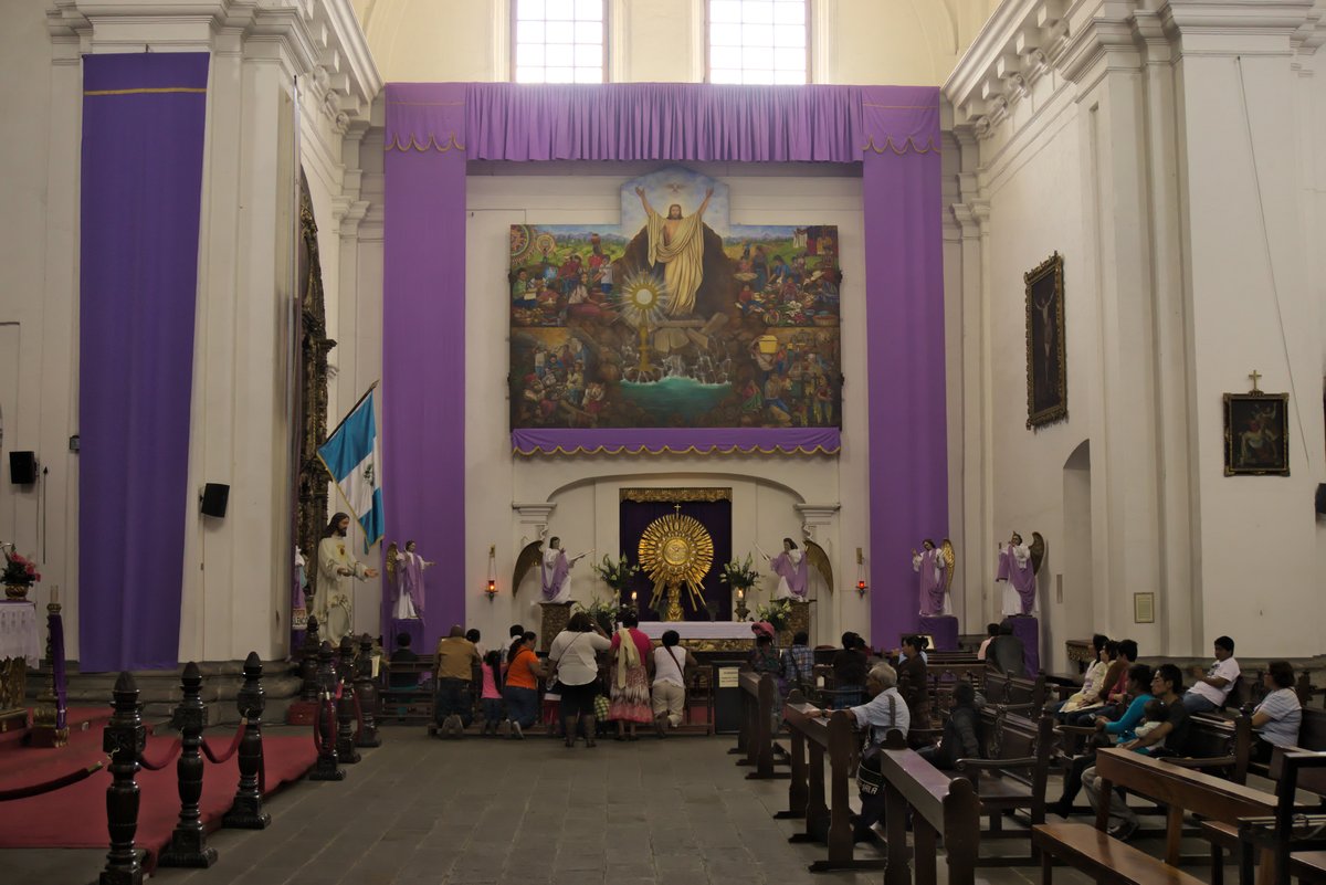 Colorful Semana Santa decoration inside San Francisco Church in Antigua Guatemala
