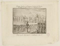 Funeral ceremony at Champ-de-Mars honoring General Lazare Hoche with pyramidal monument, statue of Liberty, column, flags, altar, procession and National Guard during French Revolution Directoire period