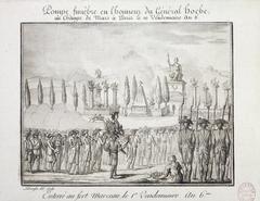 Funeral ceremony at Champs-de-Mars honoring General Lazare Hoche in Paris, 1797, featuring a pyramidal monument, Liberty statue, processions, and people commemorating the general.