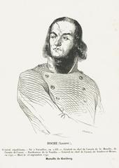 Black-and-white wood engraving portrait of Lazare Hoche, French Republican General, with inscriptions including his name and military titles