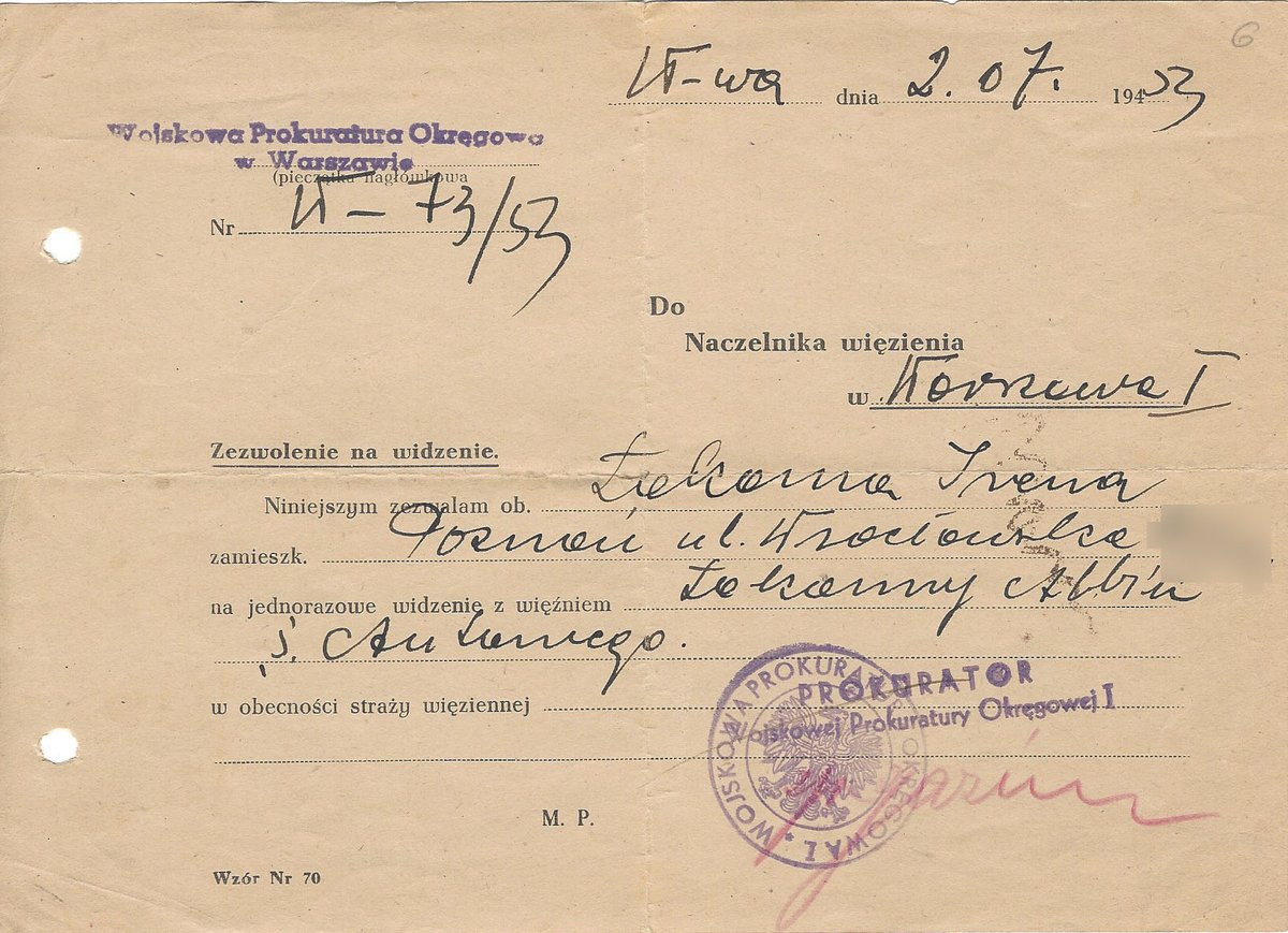 Prison visitation permit in Warsaw for Albin Łakomy's wife Irena