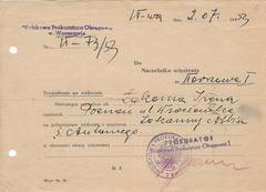 Prison visitation permit in Warsaw for Albin Łakomy's wife Irena