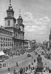 Krakowskie Przedmieście Street in Warsaw before 1939, historic city street with buildings and tram tracks