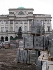 Rebuilding of Krakowskie Przedmieście Street in Warsaw during 2006-2007 showing construction materials and Staszic Palace in background