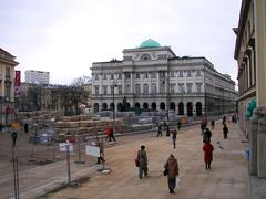 Rebuilding of Krakowskie Przedmieście Street in Warsaw with scaffolding on Staszic Palace in 2006-2007
