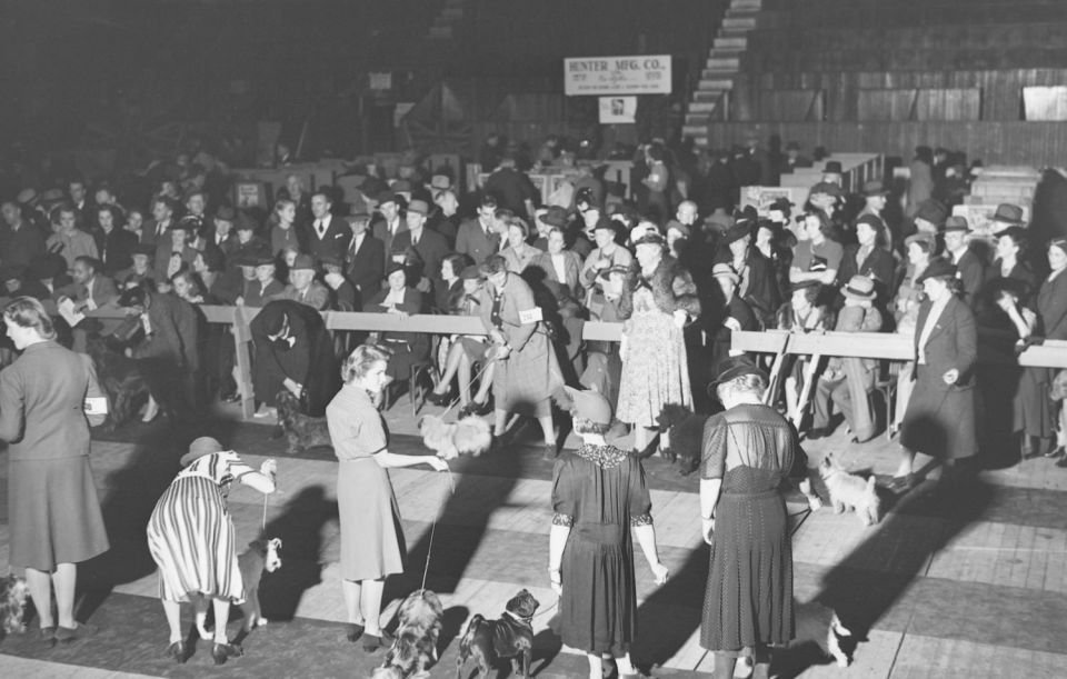 Parade participants with their dog at Montreal Forum Dog Show