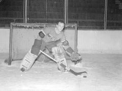 Paul Bibeault Montreal Canadiens hockey goalkeeper in front of goal at the Forum ice rink