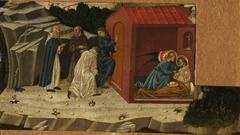 Italian Tuscan School painting showing a sainted hermit on his death-bed attended by an angel