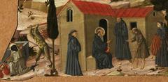 Italian Tuscan School painting depicting scenes from the lives of hermits including Abba Moses and a sainted hermit receiving a beggar