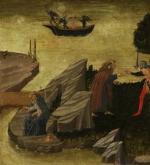 Italian Tuscan School painting depicting scenes from the lives of hermits including Abba Paphnutius forced to drink wine