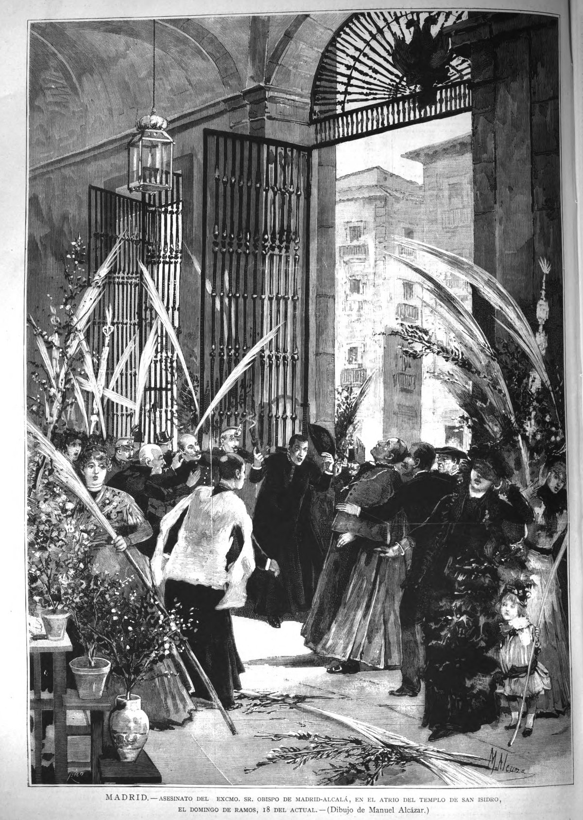 Assassination of the Bishop of Madrid-Alcalá in the atrium of San Isidro temple on Palm Sunday, historical drawing