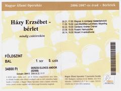 Opera season ticket for Erzsébet Házy 2006-2007 season Budapest Hungary