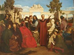 The Birthday of Plato Celebrated in the Villa di Careggi by Lorenzo the Magnificent painting by Luigi Mussini depicting a Renaissance gathering honoring Plato's birthday