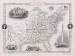 1850 John Tallis Map of the United States showing Texas at fullest extent with vignettes of Baltimore Washington Monument, The Capitol, Penn’s Treaty, Buffalo Hunt, U.S. flag shield, Excelsior seal and portraits of Washington and Franklin