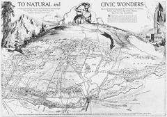 1928 pictorial map of Pacific coast US and surrounding regions with tourist attractions, oriented north to left