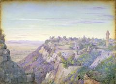 Oil painting of Chittorgarh Fort in 1878 showing historic architecture and landscape