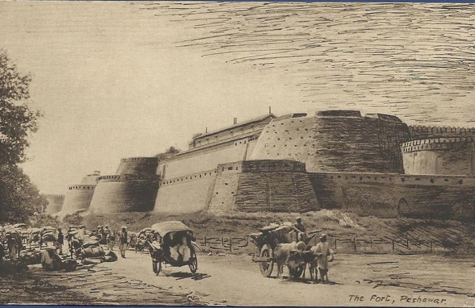 Historic Bala Hissar Fort in Peshawar in 1910 with traditional architecture and surrounding landscape