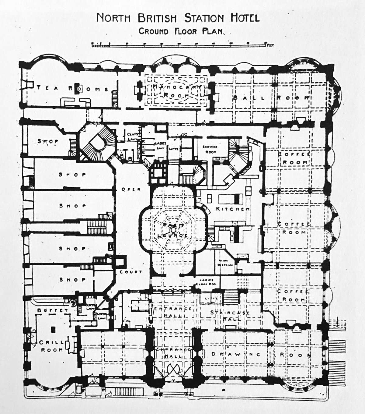Balmoral Hotel floorplan in Edinburgh Scotland old architectural drawing