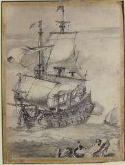 Detailed drawing of a frigate ship at sea
