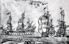 Three French warships circa 1654 including La Lune, La Reine, and Le Jupiter depicted in detailed ink and wash drawing on vellum