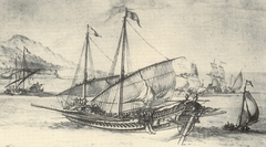 Ink drawing of galleys and ships in Marseille harbor by Pierre Puget