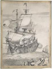 A frigate ship sailing at sea under a blue sky