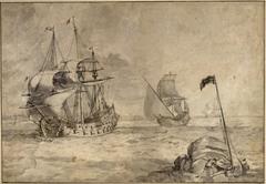 Drawing by Pierre Puget of a small French warship near the coast in the late 17th century