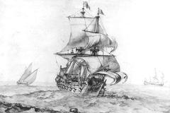 Large wooden warship with multiple masts and sails in a harbor