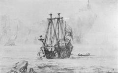 Painting of a ship sailing near a rocky promontory in turbulent waters