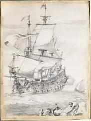 Drawing of a frigate sailing at sea