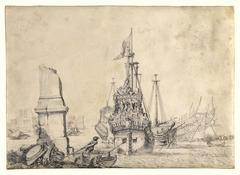 A ship docked in a port near a ruined obelisk at sunset
