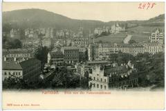 Historic panoramic view of Karlsbad from Panoramastraße in 1902, showcasing the town's architecture and landscape