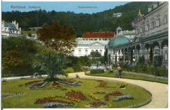 Historical view of Karlsbad Stadtpark with Kaiserbrunnen fountain in 1915