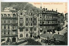 Historic view of Karlsbad Schloßberg with Schloßbrunnen fountain in 1907