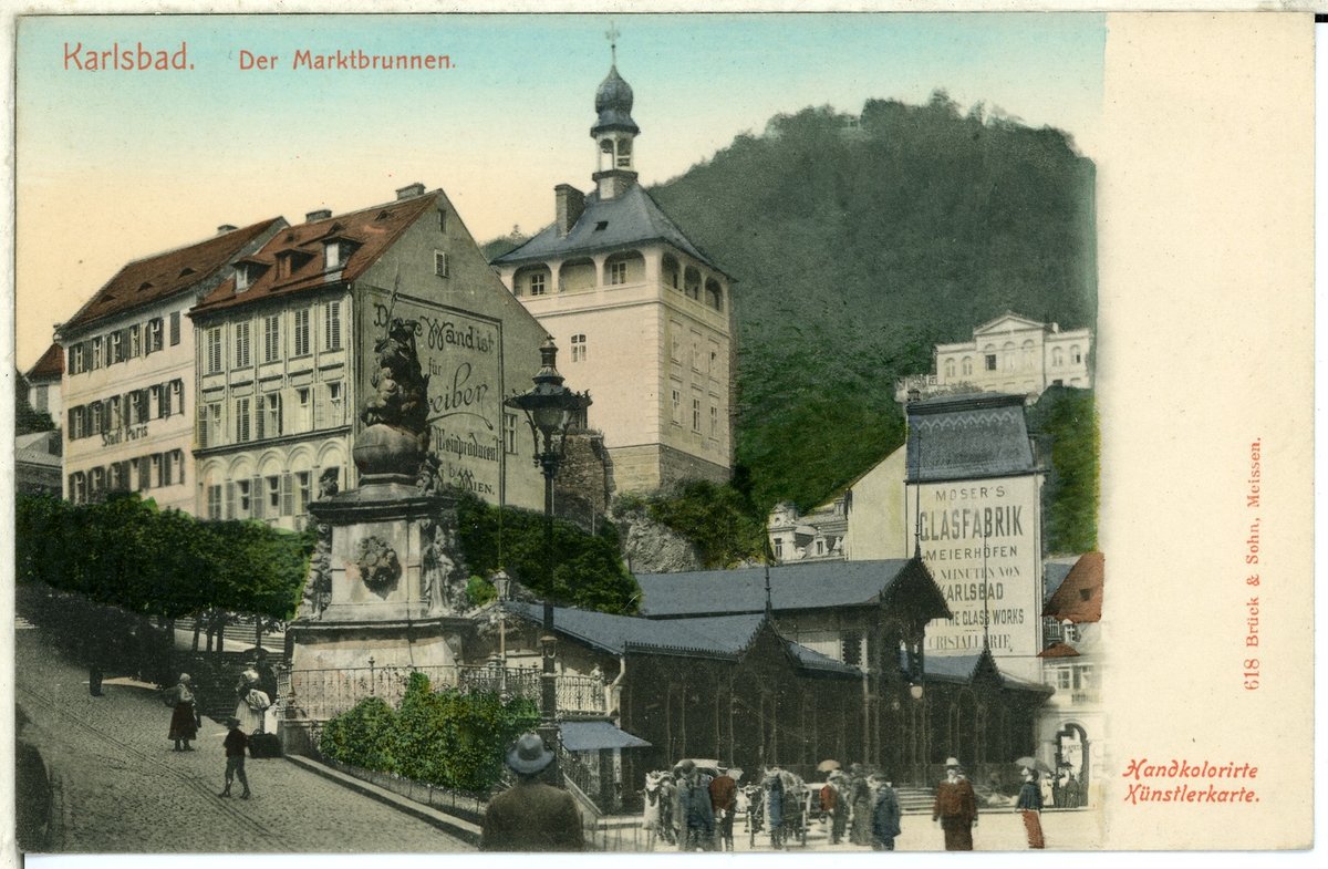 Historic Marktbrunnen fountain in Karlsbad, 1898