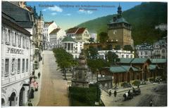 Historic Karlsbad Schlossberg with Schlossbrunnen Colonnade and Marktbrunnen Fountain in 1915