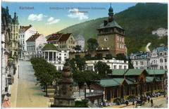 Historic Schlossberg with Schlossbrunnen colonnade and market fountain in Karlsbad, 1915