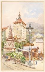 Old town of Karlsbad with castle tower and market colonnade, watercolor painting by Erwin Pendl