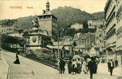 Historic black and white photo of Karlsbad market square in 1906 with buildings and people