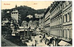 Historical market scene in Karlsbad in 1908 showing the town square and surrounding buildings