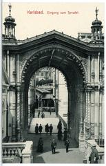 Historic entrance to the Sprudel mineral spring in Karlsbad 1911