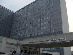 Exterior view of Meilahti Hospital building in Helsinki, Finland