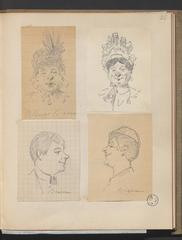 Four miniature portraits of Théâtre des Variétés actors including three of Albert Brasseur in profile and extravagant costume, vintage album page by Louis Morel-Retz
