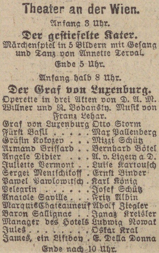 Newspaper advertisement for the premiere of the operetta Der Graf von Luxemburg