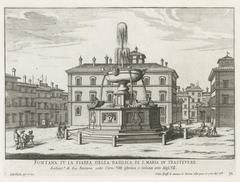 Ornamental fountain on Piazza Santa Maria in Trastevere, historic Rome, detailed etching by Giovanni Battista Falda
