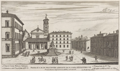 Historical view of Piazza di Santa Maria in Trastevere with church, clergy building, fountain, and Black Friars building