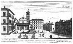 View of Santa Maria in Trastevere church in Rome with surrounding buildings, 17th century engraving by Giovanni Battista Falda